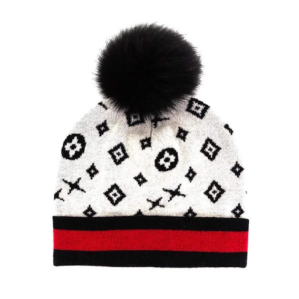 MITCHIE'S MATCHINGS Knit Beanie Monogram Black Wool Fox Fur Pom - Black/White